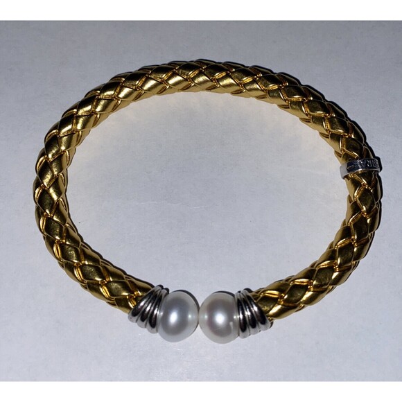 Pietro Balestro Gold Colored Rope Bracelet Sterling Silver Piece Pearl Ends - Picture 1 of 7